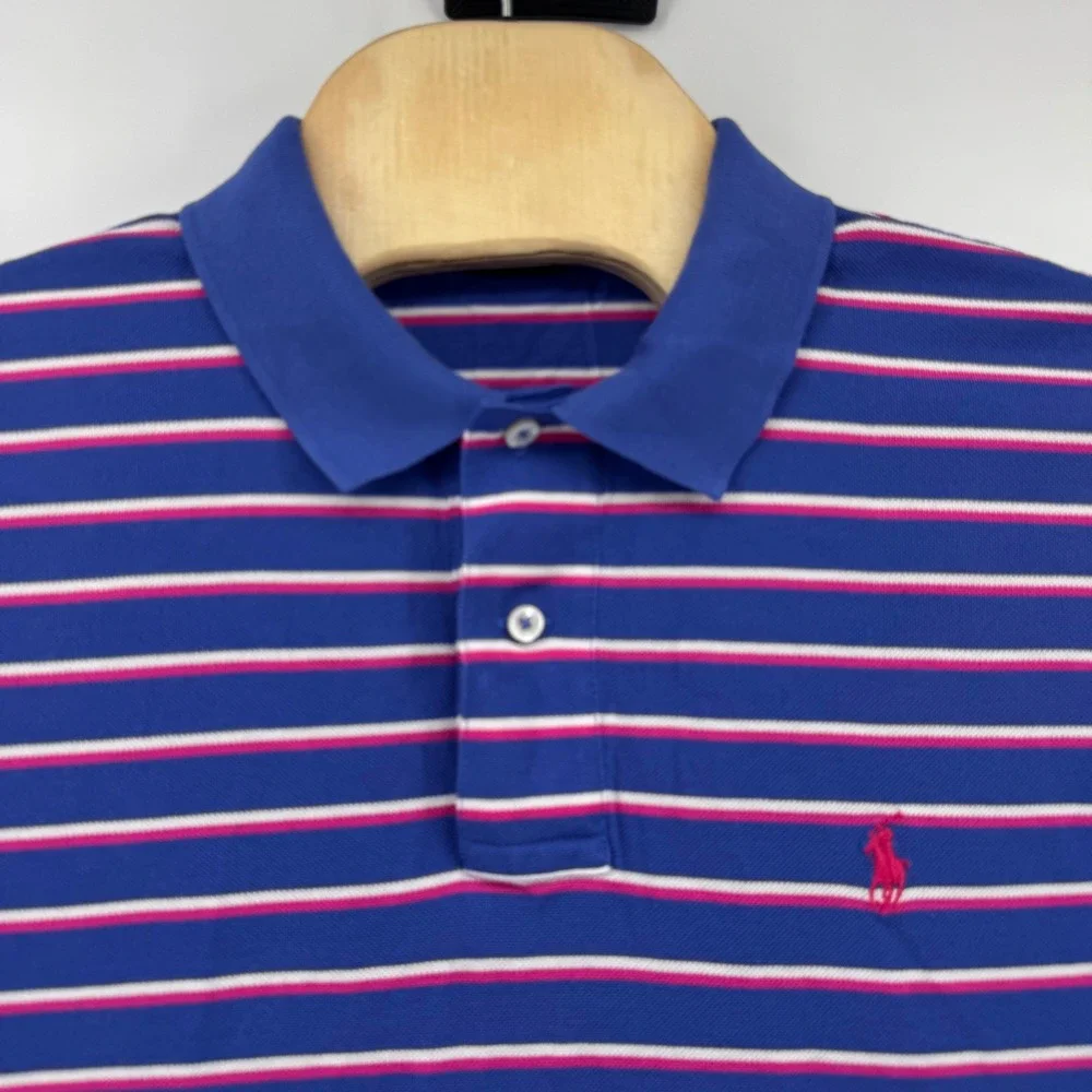 Polo Ralph Lauren Mens Large Pima Cotton Striped Polo Shirt Blue Pink White
